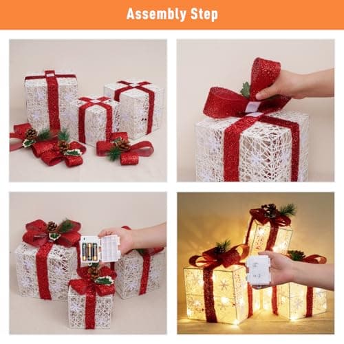 Christmas Decorations, Set of 3 Christmas Lighted Gift Boxes, Battery Operated Xmas Present Boxes, Warm White LED with Bows for Indoor Christmas Tree, Yard, Home Decor - Image 5