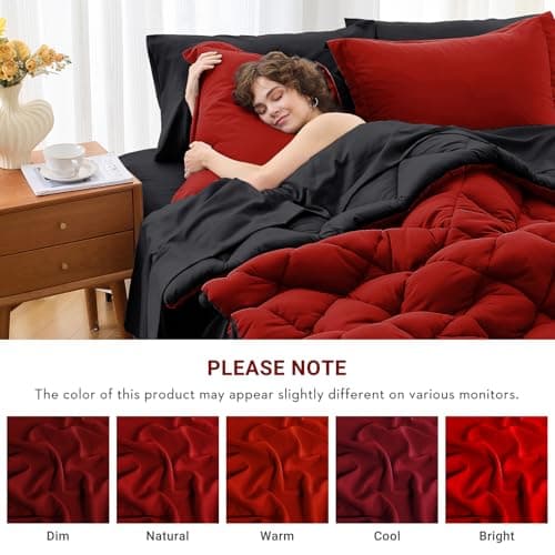 MUXHOMO 7 Pieces Queen Comforter Set, Reversible Bed in a Bag Queen Size, All Season Bedding Set with Comforter, Flat Sheet, Fitted Sheet, Pillowcases & Shams, Red & Black - Image 4