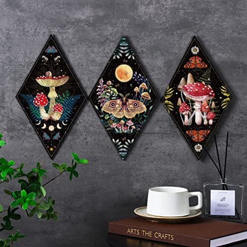 Sintuff 6 Pieces Halloween Gothic Wall Decor Boho Sun Moon Phases Wall Art Gothic Minimalist Stars Sun Hanging Wooden Home Decor Farmhouse Pediments for Gallery Living Bedroom Room(Mushroom) - Image 3