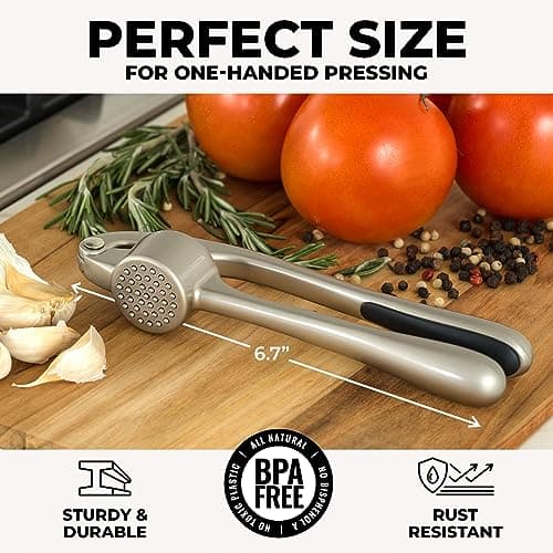 Zulay Kitchen Premium Garlic Press Set - Rust Proof & Dishwasher Safe Professional Garlic Mincer Tool - Easy-Squeeze, Easy-Clean with Soft, Ergonomic Handle - Silicone Garlic Peeler & Brush (Silver) - Image 2
