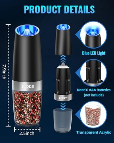 Sweet Alice Gravity Electric Pepper and Salt Grinder Set, Adjustable Coarseness, Battery Powered with LED Light, One Hand Automatic Operation, Stainless Steel Black, 2 Pack - Image 6