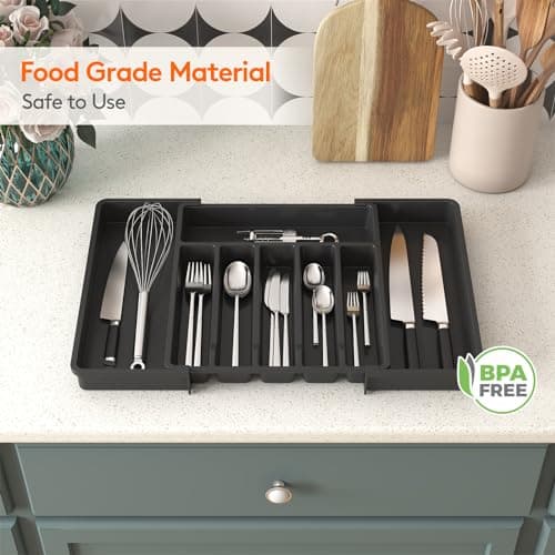 Lifewit Large Silverware Drawer Organizer, Expandable Utensil Tray for Kitchen, BPA Free Flatware and Cutlery Holder, Adjustable Plastic Storage for Spoons Forks Knives, Large, Black - Image 7