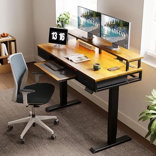 AODK Electric Standing Desk with Drawers & Keyboard Tray, 55 Inch Height Adjustable Gaming Desk with Power Outlets & LED Lights, Sit Stand Table with Monitor Stand for Home, Office, Rustic Brown - Image 2