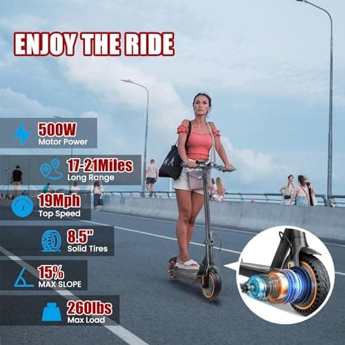 Electric Scooter Adults, Peak 500W, Max 19 Mph Speed, 19 Miles Long Range, 8.5 Inch Solid Tires, Portable Folding E-Scooter for Commuting with Dual Brakes, APP Control & Front & Rear Lights - Image 2