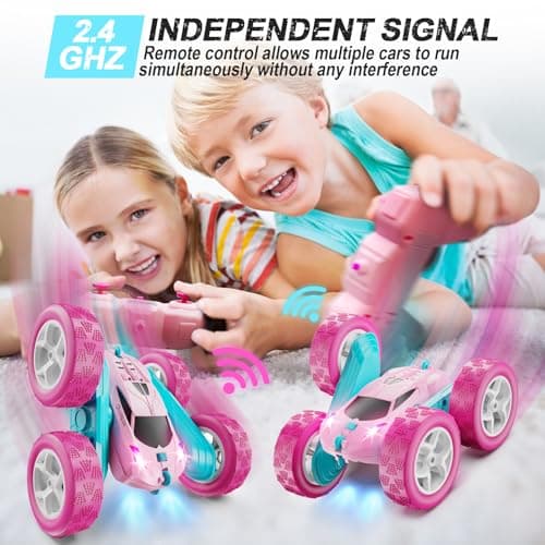 QUNREDA RC Cars, Pink Remote Control Car for Girls, 2.4 GHZ Double Sided RC Stunt Car 360° Rotating Remote Control Crawler with Headlights Car Toys for 6 7 8 9 10 11 12 Girls Birthday Gift - Image 3