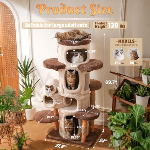 70'' Luxury Heavy Duty Cat Tree for Indoor Cats Adults,Treehouse Theme Large Cat Tower for Home Decoration,Multi-Level Modern Maine Coon Condo with 3*Wood Scratching Post,Perch,Huge House for Multicat - Image 2