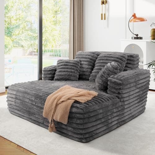 JEEOHEY 56"W Oversized Chaise Lounge Chair Indoor,Plush Faux Fur Sleeper Sofa Couch Bed with Pillows&Wide Armrest,Fluffy Comfy Cloud Sofa,Compression Foam Boneless Couch for Living Room,Bedroom(Grey)