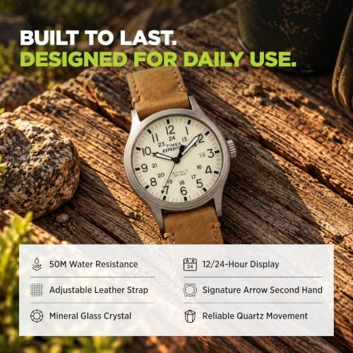 Timex Men's Expedition Scout 40mm Watch, Gray Case, Tan Leather Strap | Rugged Field Design with Full Arabic Numerals, Adjustable Strap, INDIGLO Backlight & 50m Water Resistance - Image 5