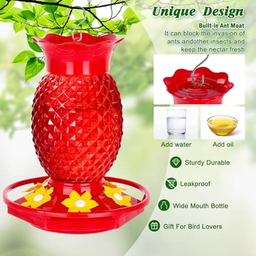 Fchstaer Glass Hummingbird Feeders for Outdoors Hanging Ant and Bee Proof 16OZ 2 Pack Red Pineapple Humming Bird Feeder with 6 Feeding Ports and Ant Moat Hummingbird Gifts for Women Garden Decor - Image 3