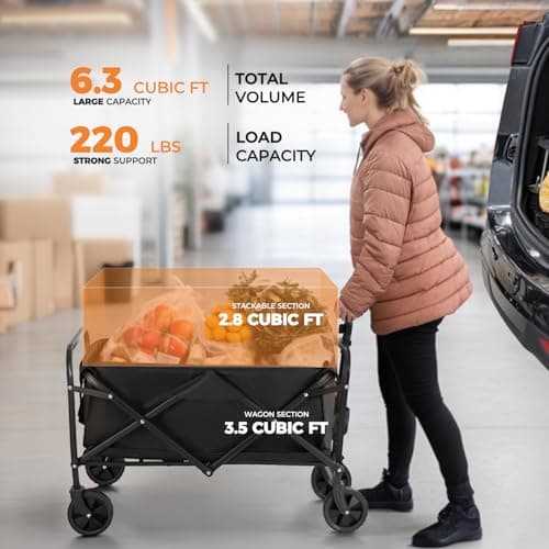 Collapsible Wagon 220 lbs, Heavy Duty Wagon Carts Foldable, Portable Wagons for Groceries, Beach Cart with All-Terrain Wheels & Drink Holders, Utility Wagon for Shopping, Sports, Camping, Black - Image 2