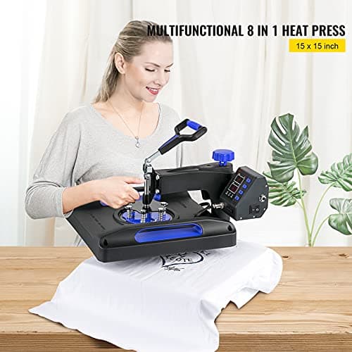 VEVOR 8 in 1 Heat Press Machine 15x15 Inch, 360° Swing Away Shirt Press Machine - Digital Professional Heat Transfer Tshirt Press Machine, Sublimation Heat Press for T Shirts Hat Cap Mug Plate Blue - Image 2