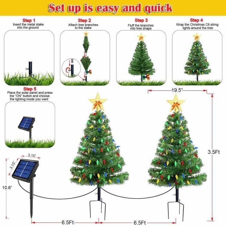 Upgraded Set of 2 Solar Christmas Tree, Outdoor Christmas Decorations,Prelit Xmas Tree w/ 100 LED Multi-color C6 String Lights for Outsdie Holiday Display Yard Front Porch Pathway Grave Cemetery Decor - Image 5