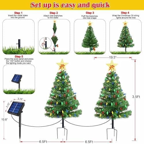Upgraded Set of 2 Solar Christmas Tree, Outdoor Christmas Decorations,Prelit Xmas Tree w/ 100 LED Multi-color C6 String Lights for Outsdie Holiday Display Yard Front Porch Pathway Grave Cemetery Decor - Image 4
