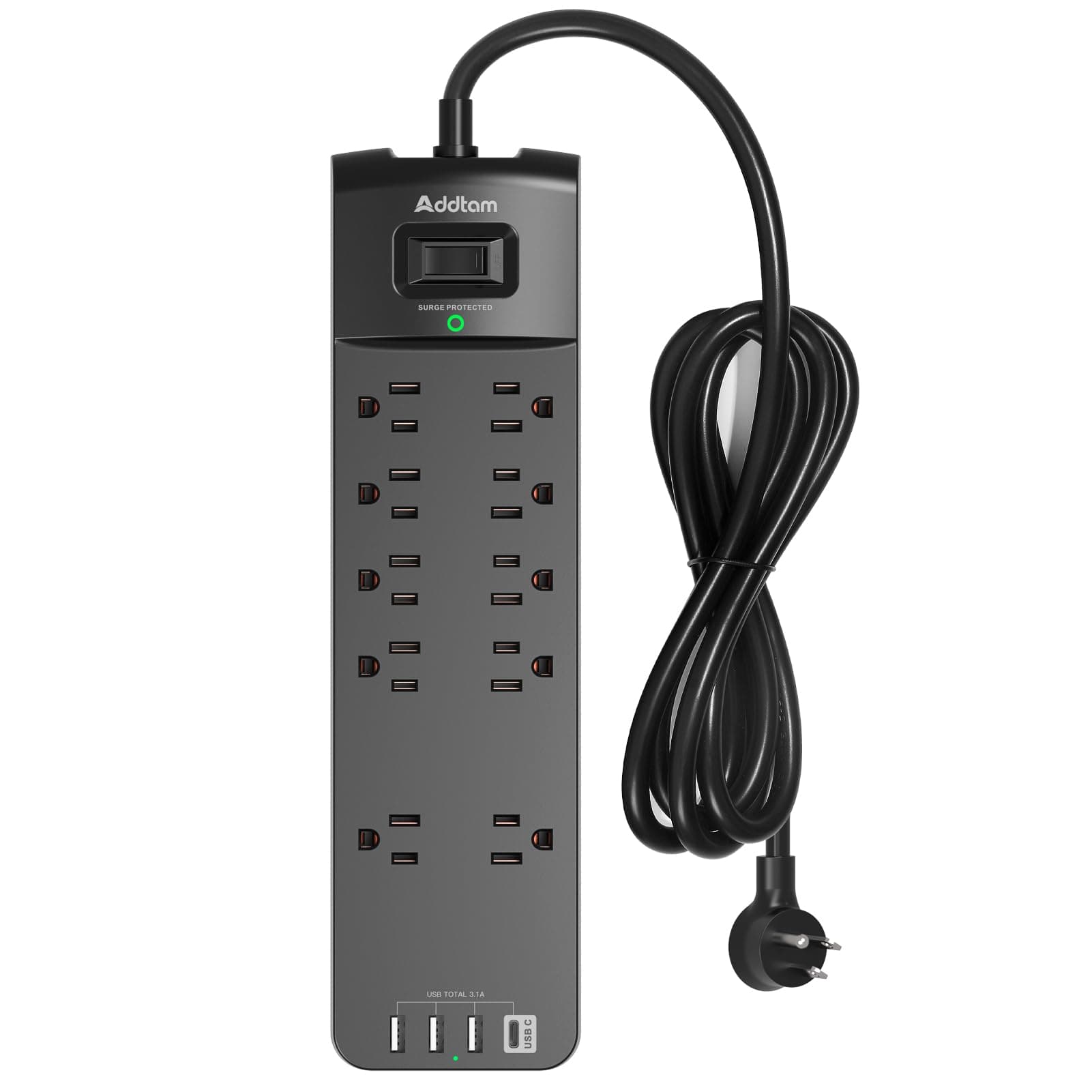 Regleta de enchufes - Addtam Protector contra sobretensiones con 10 salidas y 4 puertos USB, cable de extensión de 6 pies con enchufe plano, 2700 julios, listado por ETL, negro 6 - FT negro