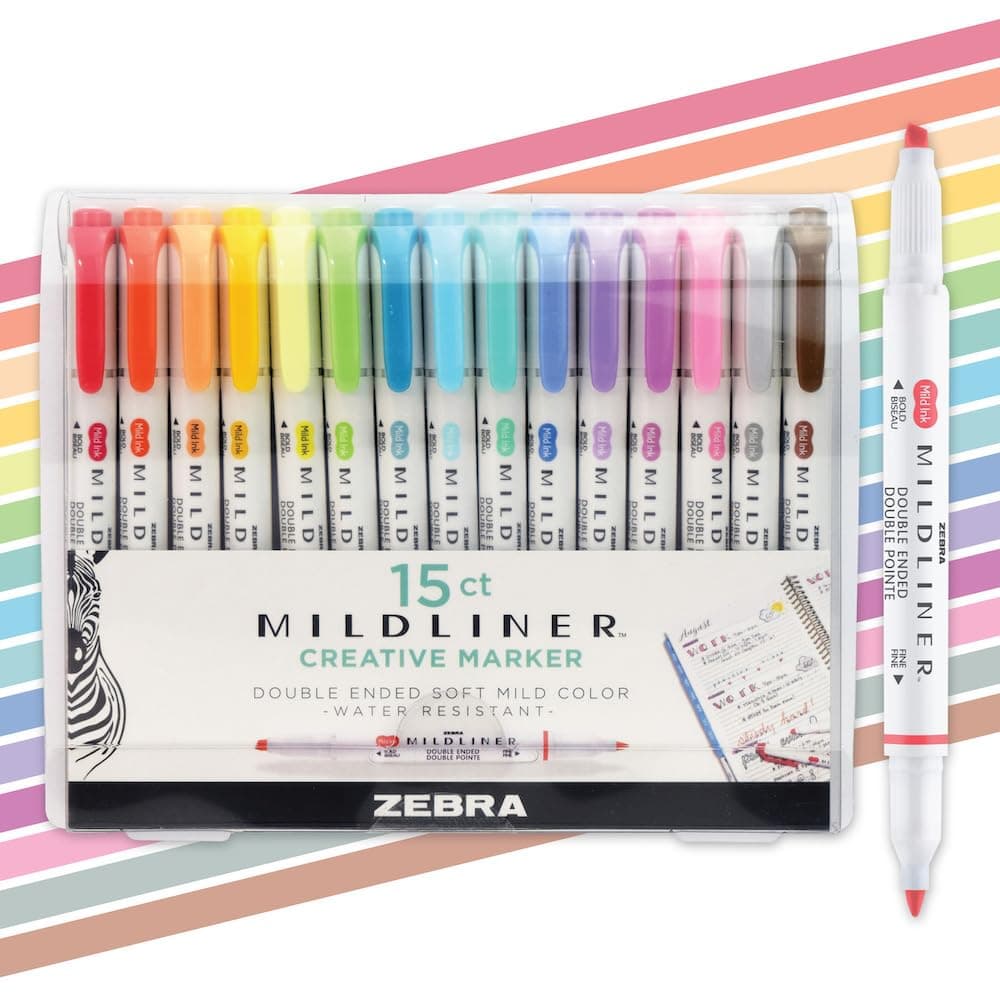 Set de Marcadores Resaltadores de Doble Punta Zebra Pen Mildliner, Puntas Anchas y Finas, Sin Sangrado, Ideal para Resaltar Biblias, Journaling, Suministros Escolares y de Oficina, Colores de Tinta Variados, Paquete de 15 (78115) Variados D
