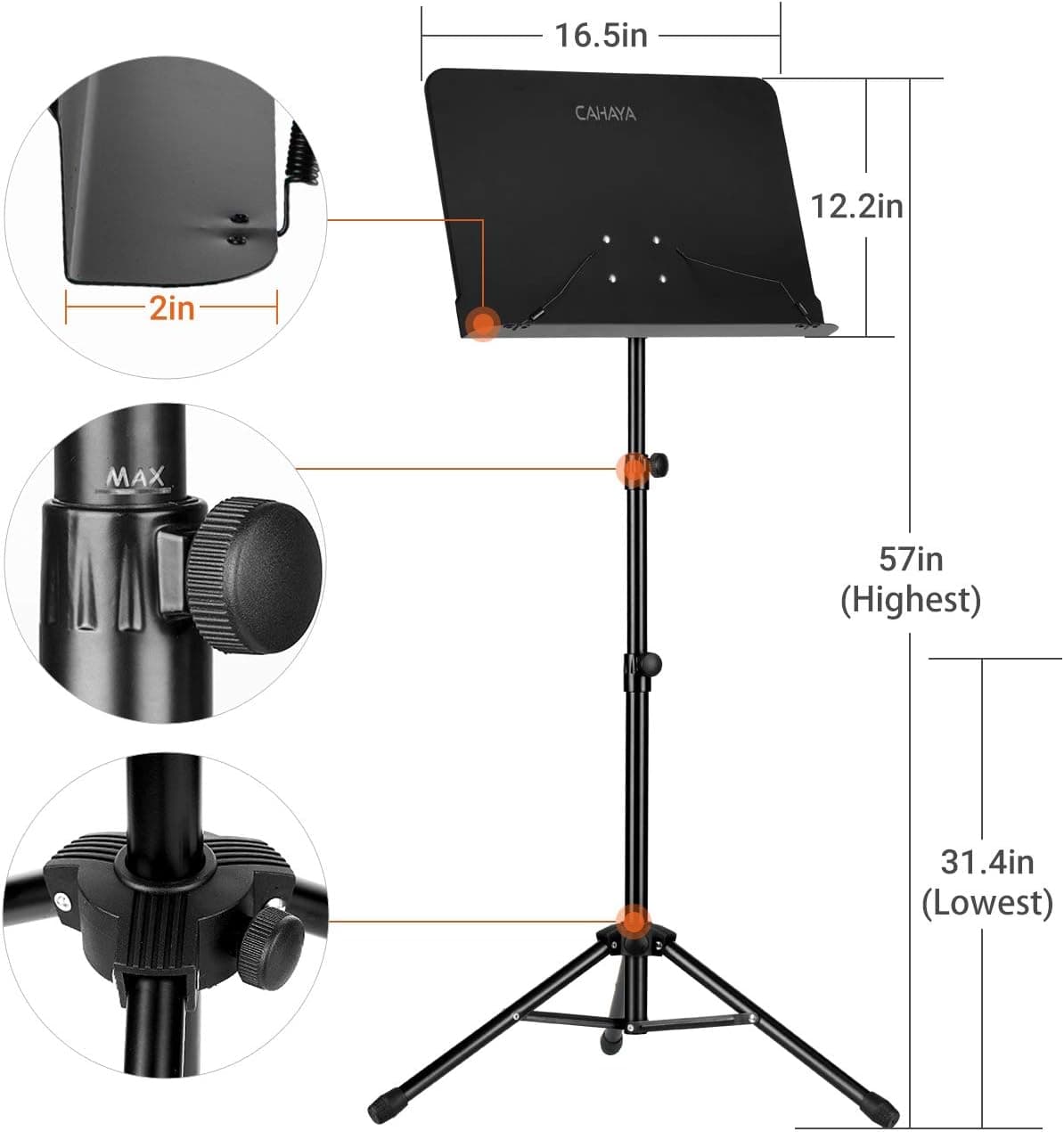 CAHAYA Music Stand for Sheet Music - Dual-use Converts to Desktop Stand Portable& Foldable 31.4-57in Height Adjustable Sturdy to Holds Thick Book or Tablet Include Carrying Bag Sheet Music Folder Clip Standard Version Black - Image 3