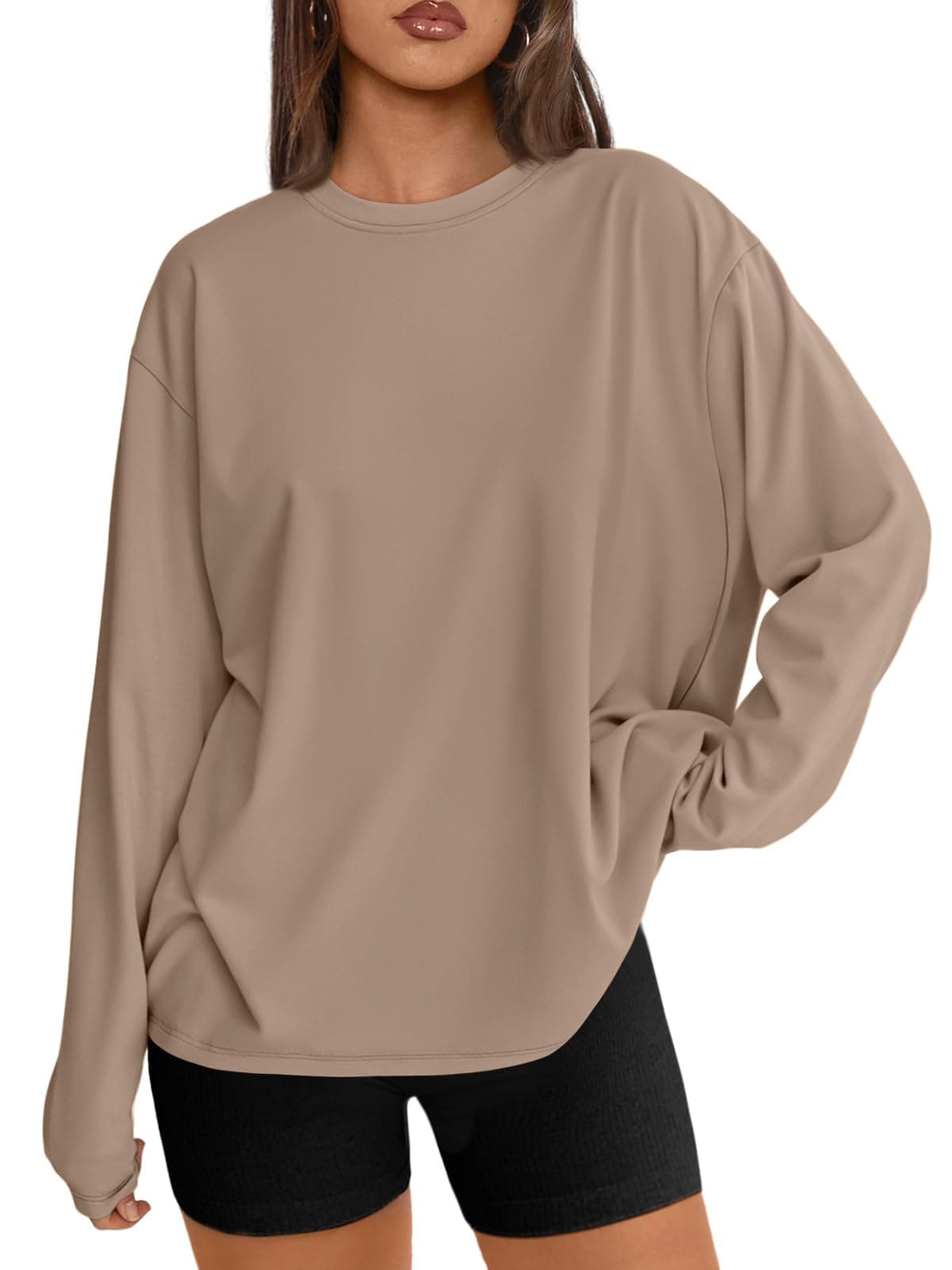 Trendy Queen Womens Oversized Long Sleeve T Shirts 2025 Basic Crewneck Tee Fall Tops Casual Workout Y2K Clothes Khaki Medium