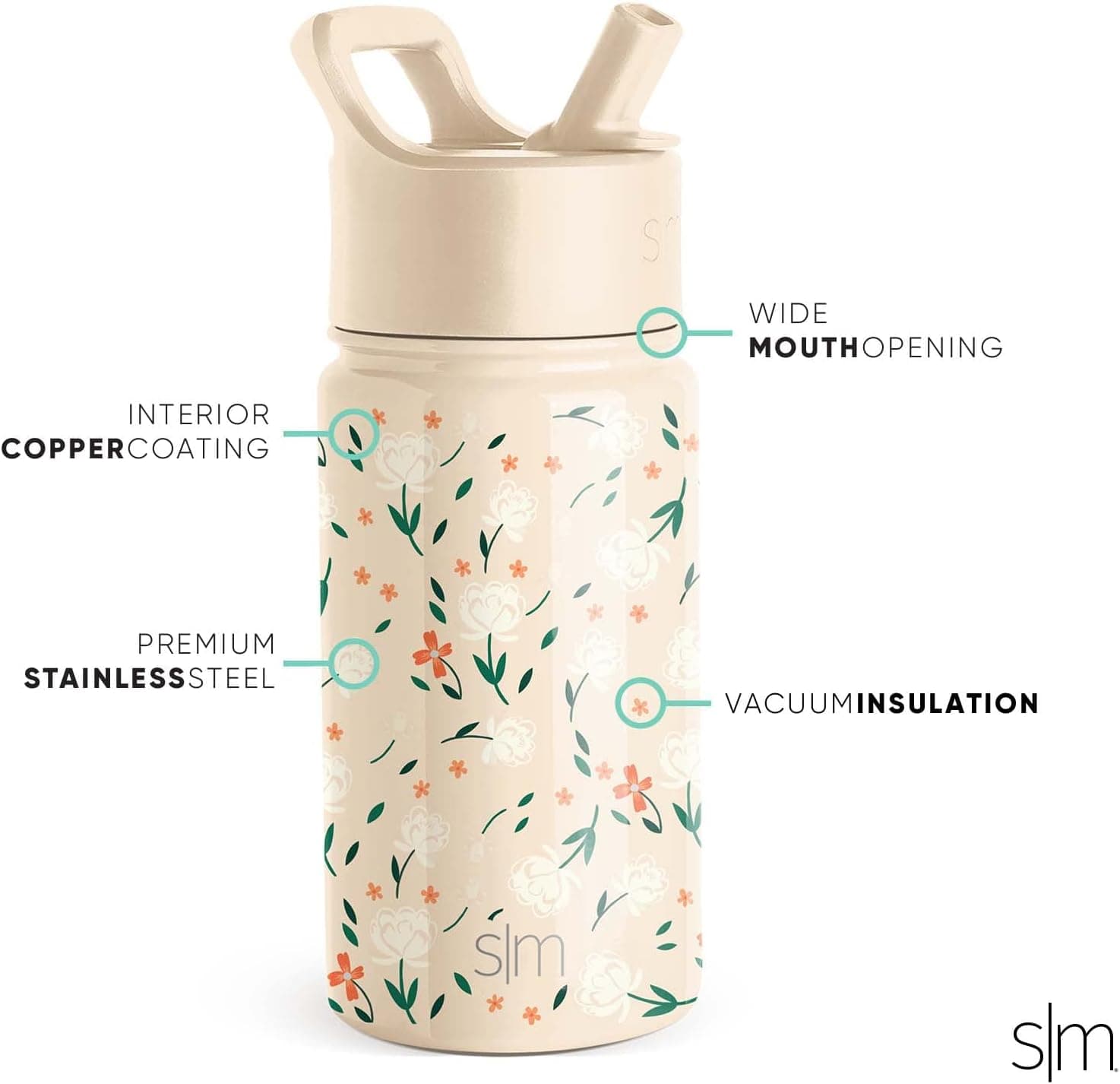 Simple Modern Kids Water Bottle with Straw Lid | Insulated Stainless Steel Reusable Tumbler for Toddlers, School | Summit Collection | 14oz, Chloe Floral - Image 3