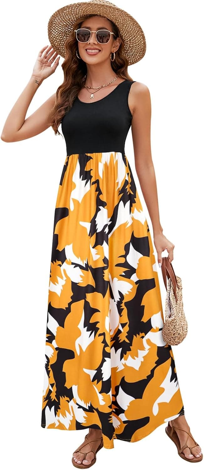 Sherosa Women Boho Chevron Striped Floral Printed Summer Sleeveless Tank Long Maxi Party Dress Medium Black Brown Yellow - Image 5