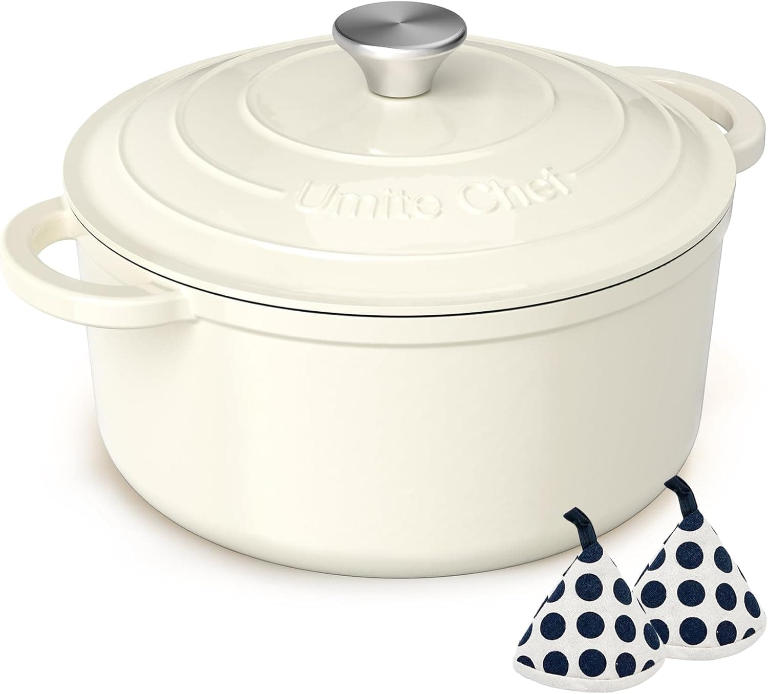 Enameled Cast Iron Dutch Oven - Umite Chef 5QT Pot with Lid & Cotton Potholders - Heavy-Duty Cookware for Bread Baking, Braising, Stews, Roasting(Cream White) - Image 2