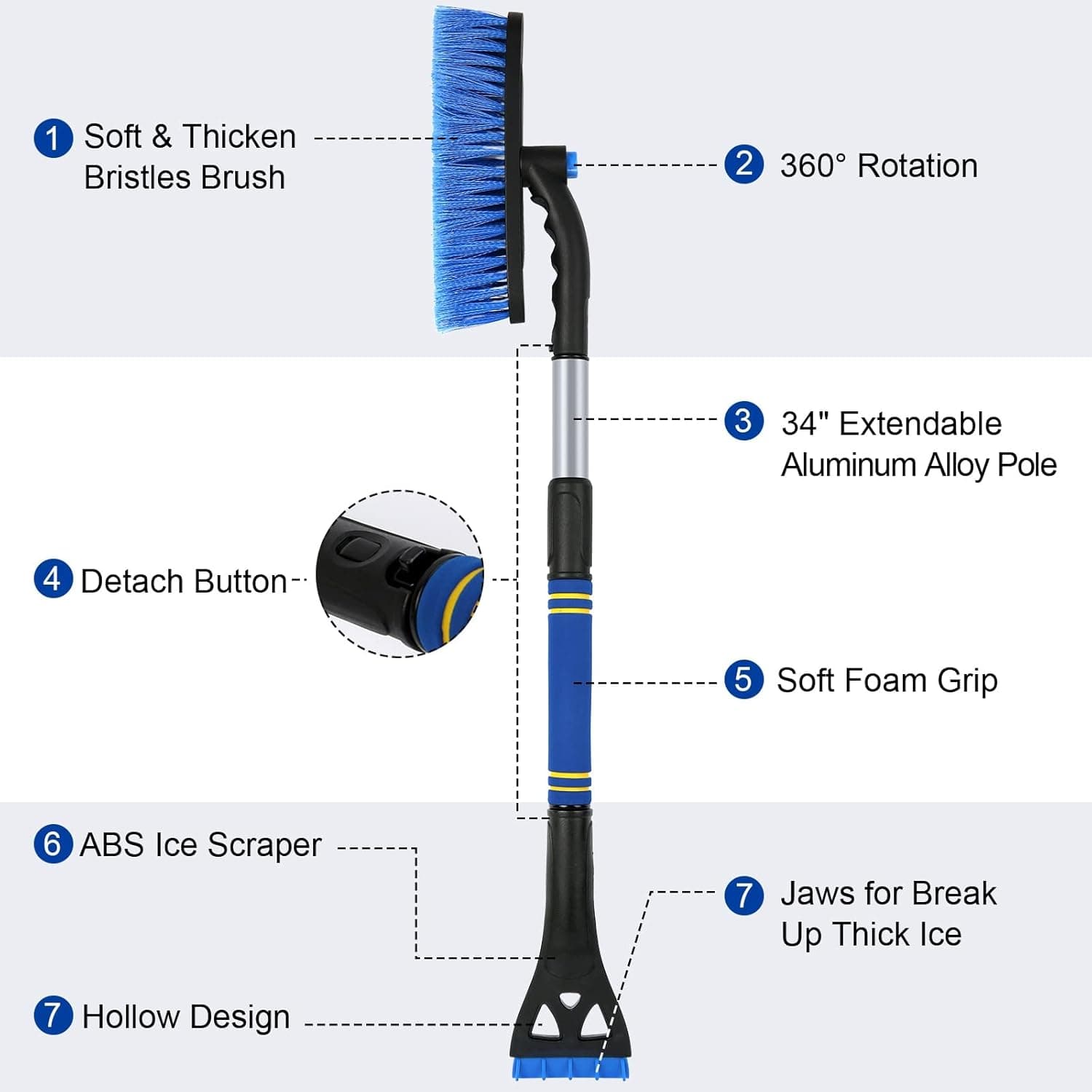 34" Extendable Ice Scrapers for Car Windshield 2-in-1 Snow Brush for Car Snow Scraper for Car Snow Scraper and Drush with Ergonomic Foam Grip for Cars, Trucks, SUVs with 360° Pivoting Brush Head Blue Blue 1Pack - Image 7