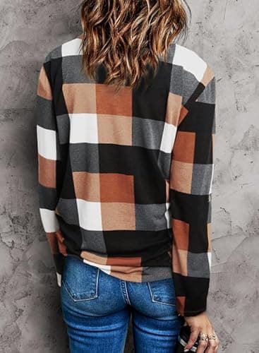 Dokotoo Womens Spring Summer Fall Fashion Casual Ladies Basic Cotton Cuffed 3/4 Long Sleeve Plaid Print V Neck Work Tunic Tops and Blouses Shirts for Women 2024 Orange - Image 2