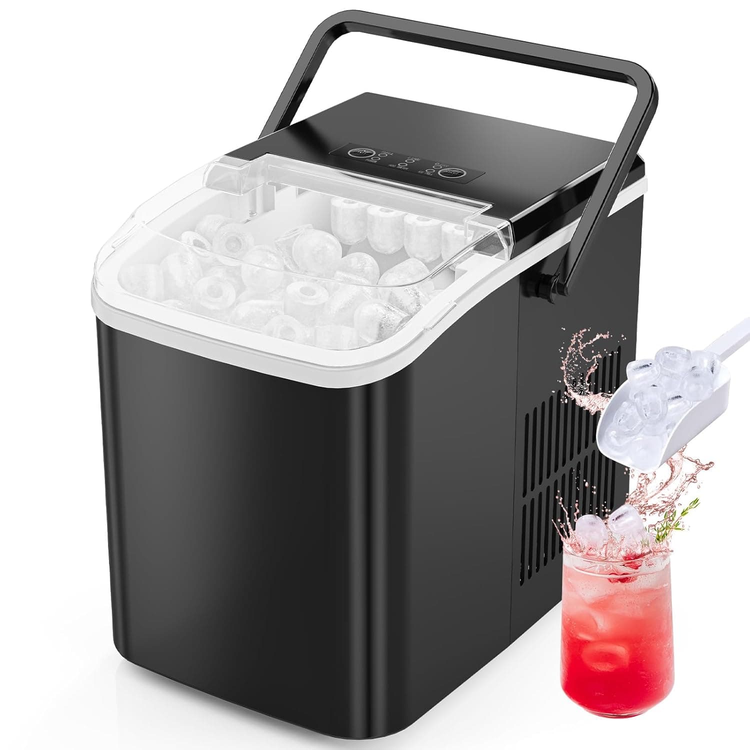 Sweetcrispy Countertop Ice Maker Machine, Portable Self-Cleaning Ice Machine with Ice Scoop, Basket and Handle, 9 Cubes in 6 Mins, 26.5lbs/24Hrs, 2 Sizes of Bullet Ice for Home Kitchen, Coal Black Black with Handle - Image 2