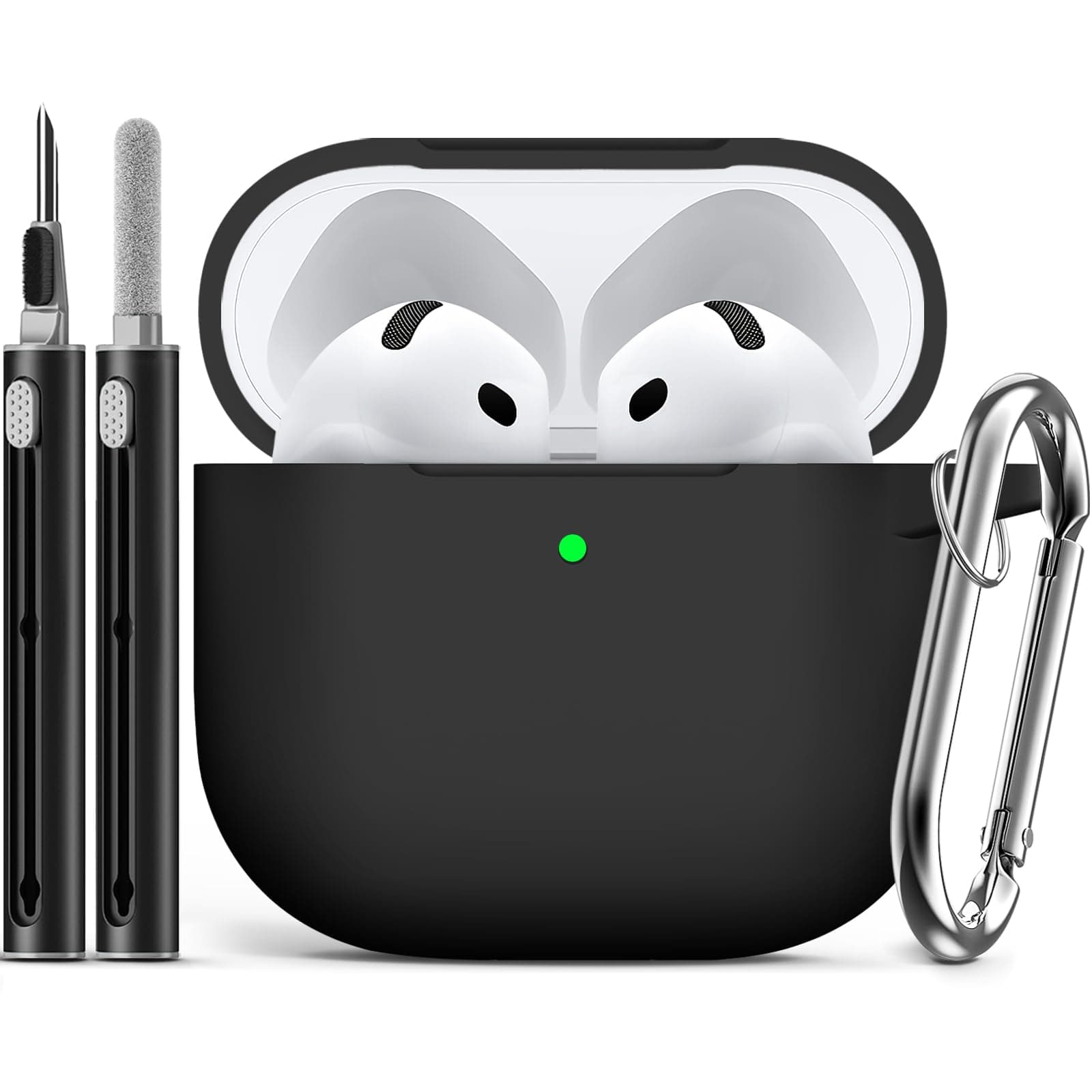 Ljusmicker pour AirPods 4 Coque de Protection 2024 avec Kit de Nettoyage, Coque en Silicone Souple pour Apple AirPods 4ème Génération pour Femmes et Hommes, Accessoires de Coque AirPod 4 avec Porte-Clés - Coque AirPods 4 Noire (2024) A-Noir
