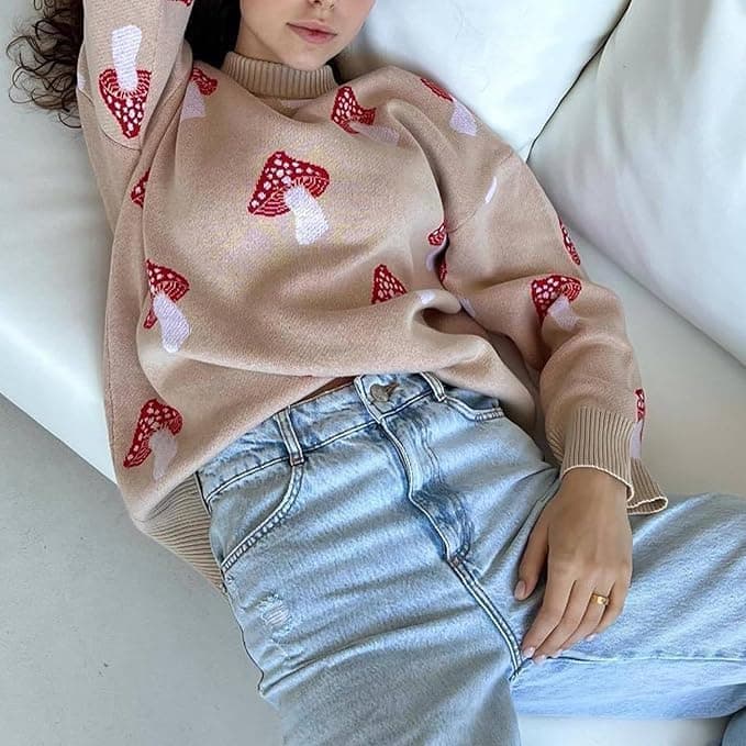 Apvirdy Mushroom Sweater Women Crewneck Long Sleeve Knit Sweater Loose Cute Graphic Pullover Sweater Apricot Mushroom Sweater Small - Image 5