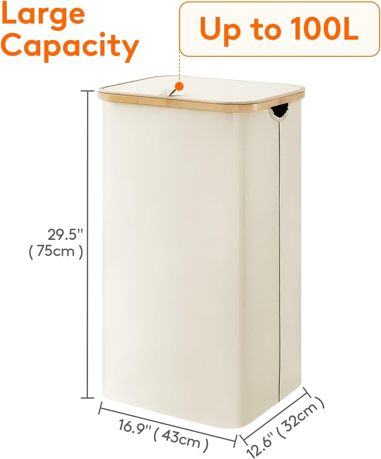Amazon.com: Lifewit 100L Laundry Basket with Lid, Clothes Hampers for Laundry with Bamboo Handles and 1 Removable Bag, Large Foldable Laundry Hamper for Bedroom, Bathroom, Dorm, Laundry Room, White : Home & Kitchen - Image 7