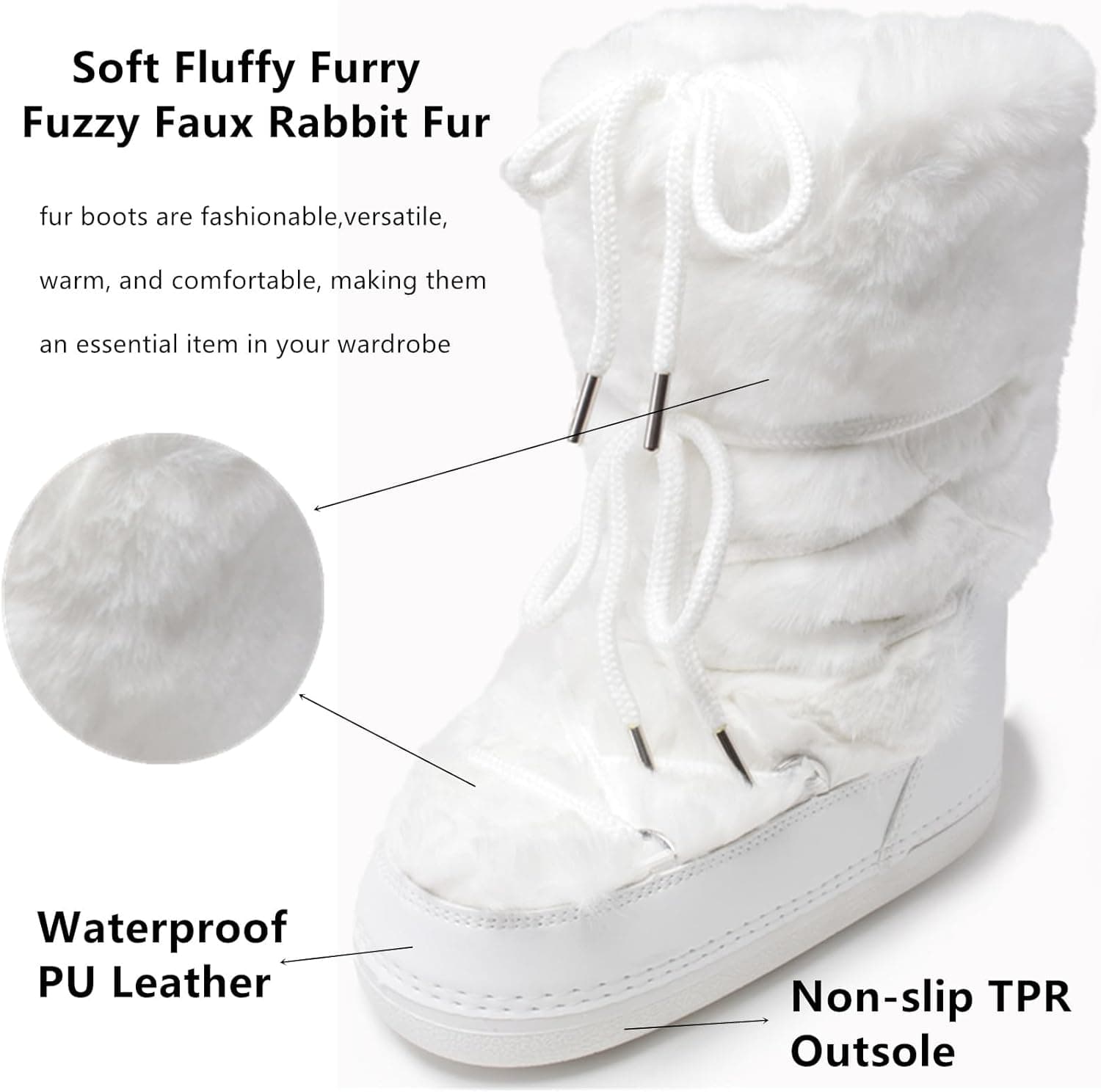 Faux Fur Boots for Women - Fuzzy Fluffy Furry Water Resistant Snow Boots for Women - Anti-Slip with Cotton Sponge Lined and TPR Rubber Sole Black White Fur Boots 8-9 White - Image 5