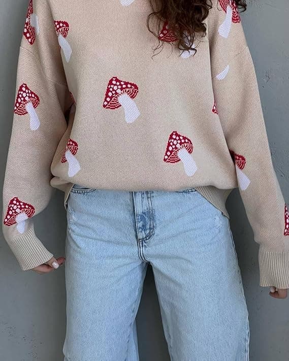 Apvirdy Mushroom Sweater Women Crewneck Long Sleeve Knit Sweater Loose Cute Graphic Pullover Sweater Apricot Mushroom Sweater Small - Image 4
