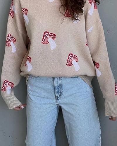Apvirdy Oversized Sweater for Women Fall Mushroom Sweater Cute Mock Neck Long Sleeve Boyfriend Sweater Retro Knit Pullover Tops - Image 3