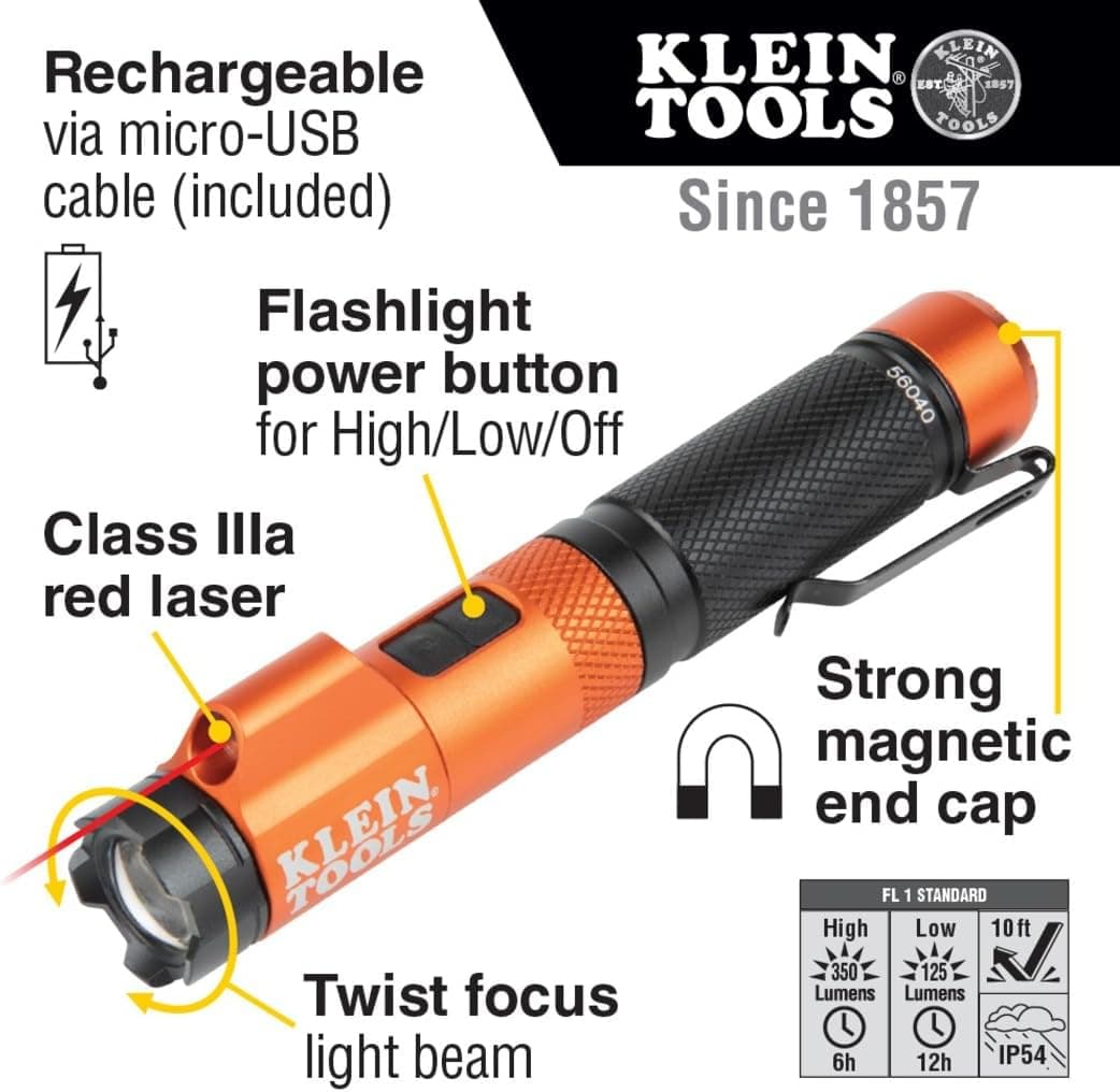 KLEIN TOOLS 56040 Magnetic LED Flashlight, 350 Lumen Rechargeable Flashlight, Twist Focus, Laser Pointer, Hands-Free, USB Charging Cable, for Work and Outdoor - Image 3