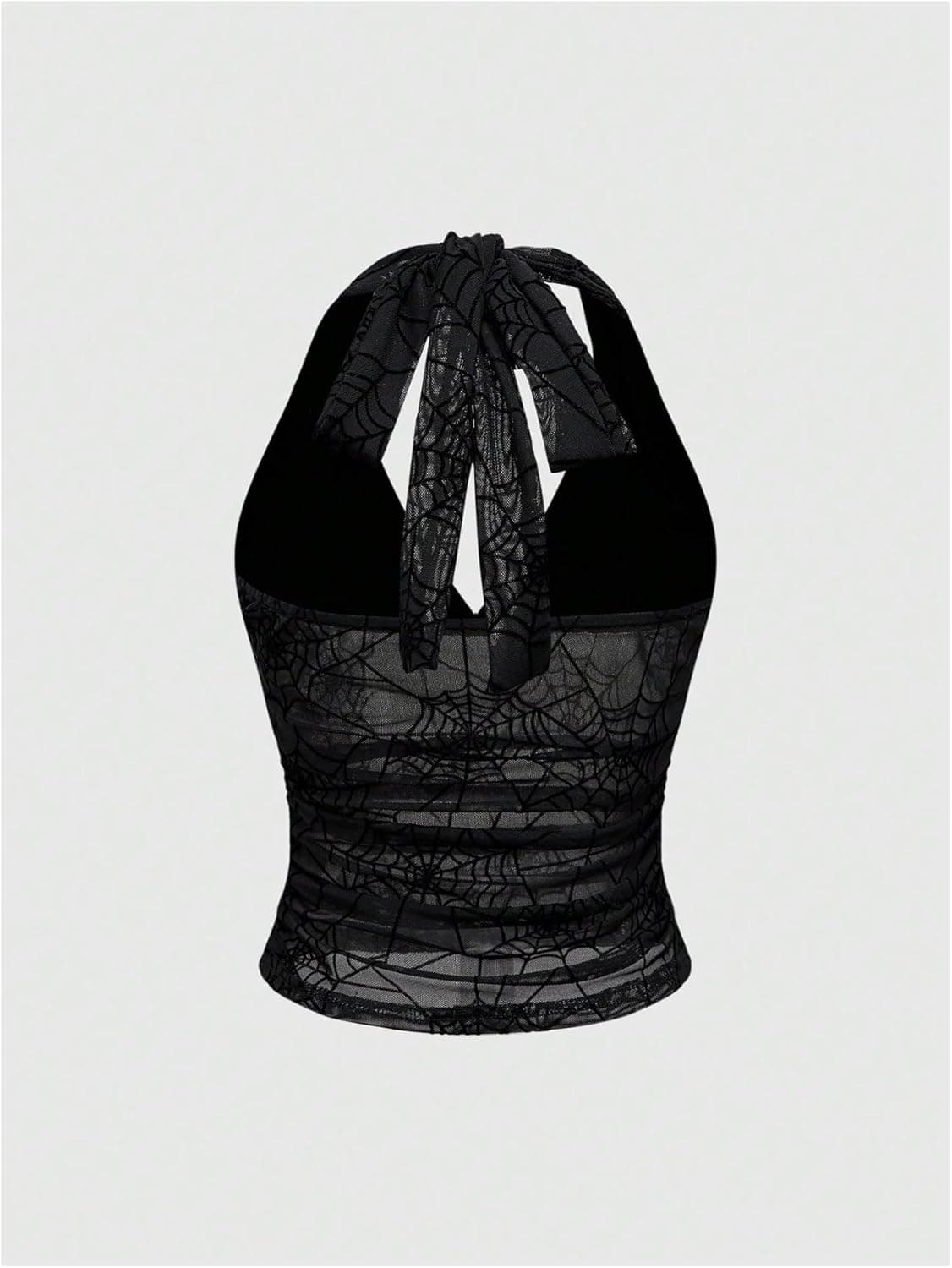 Verdusa Women's Y2k Gothic Goth Halter Top Mesh Sheer Backless Crop Tops Emo Grunge Witchy Clothes Halloween Costumes Large Black - Image 3