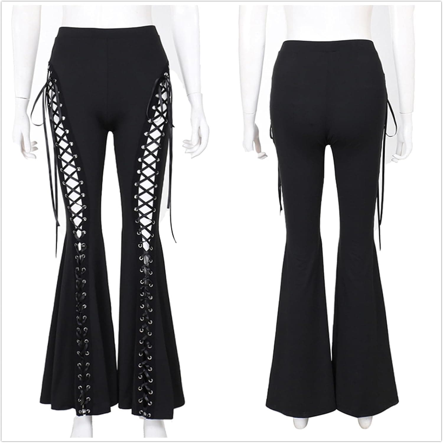 Y2k Bell Bottom Pants for Woman Gothic Black Lace-Up Cutout Stretch Punk Small Black - Image 7