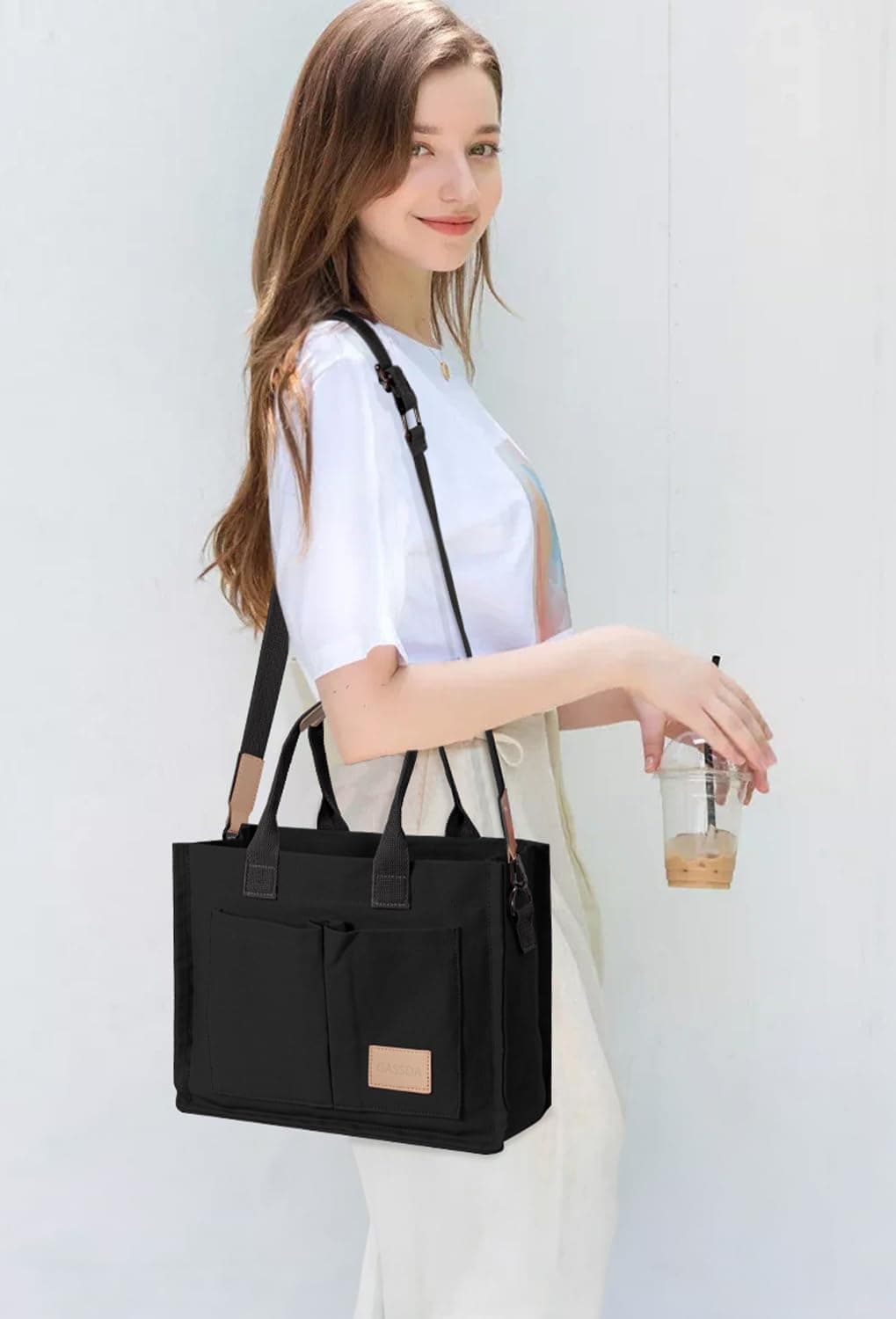 Bolsa de Lona para Mujeres Bandolera de Trabajo con Bolsillos, Bolso de Mano, Satchel para Viajar, Enfermera, Maestra, Negro - Image 3