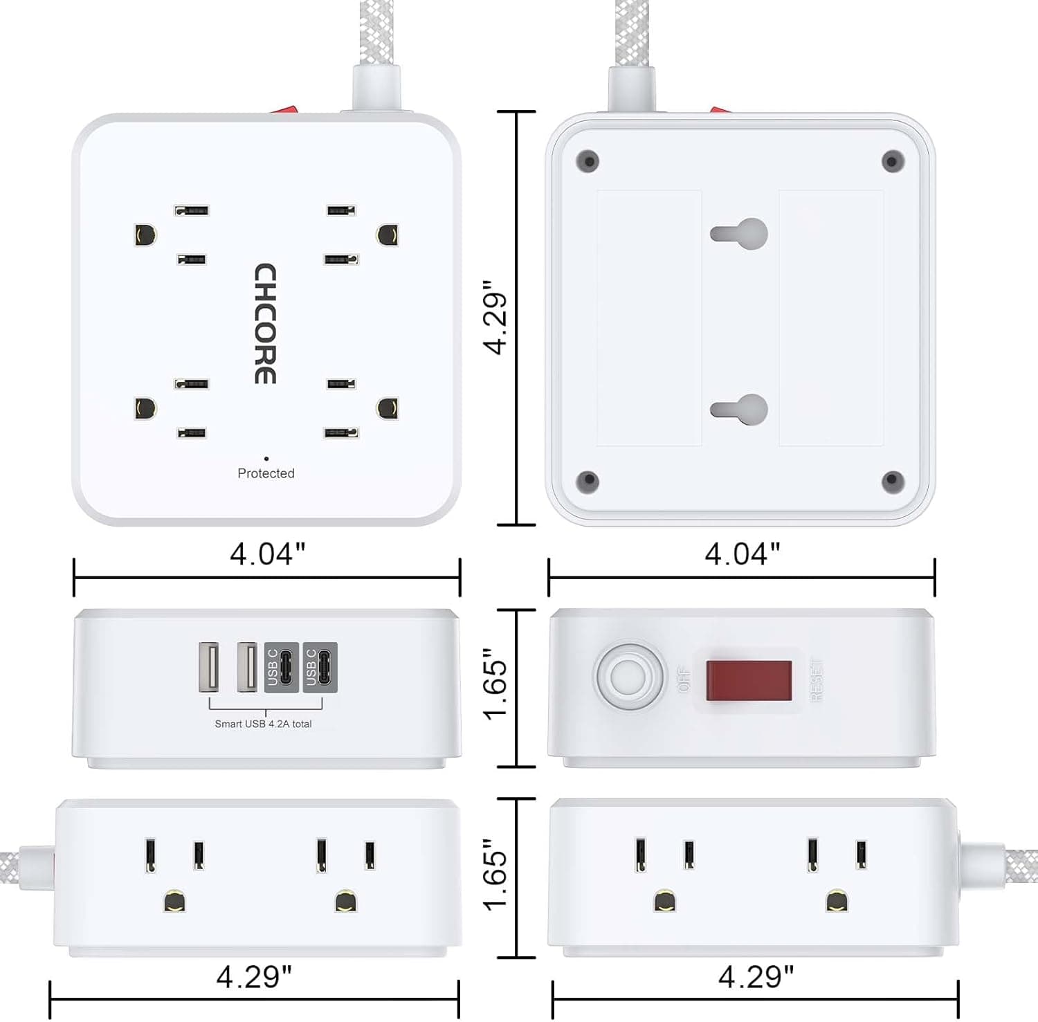 Surge Protector Power Strip - CHCORE 5Ft Braided Extension Cord with 8 Outlets with 4 USB (2 USB C) Charging Ports, Flat Plug Multi Plug Outlet Extender Charging Station for Home Office, ETL, White 5Ft-Braided Cord White - Image 8