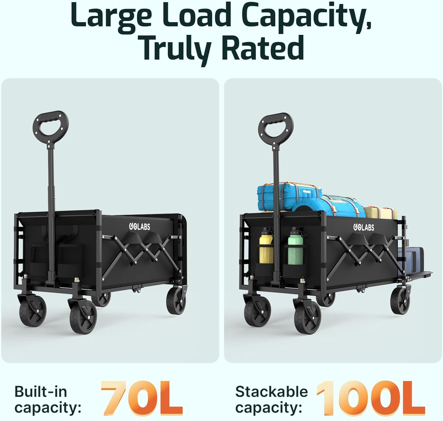 Golabs Collapsible Wagon Cart Max 350lb Load & Expandable Storage 100L, Double Bearing Design for Flexible Steering, Foldable Heavy Duty Garden Cart with 2 Cup Holders for Groceries, Garden & Camping Black - Image 4