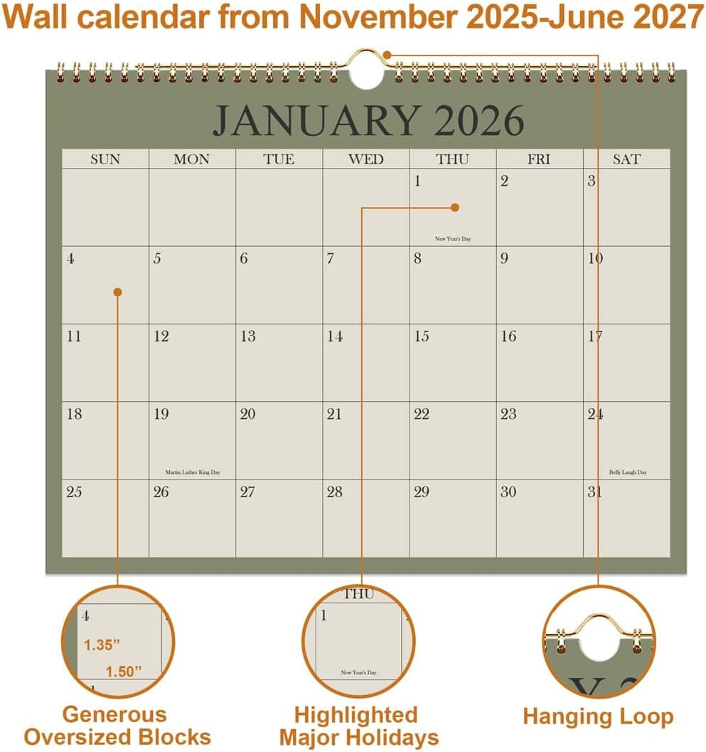 2026 Calendar - Wall Calendar 2026-2027 from January 2026 - June 2027, 18 Months Calendar with Premium Paper, Twin-Wire Binding & Hanging Hook, 8.5" x 11", Green 8.5" x 11" Cyan - Image 2