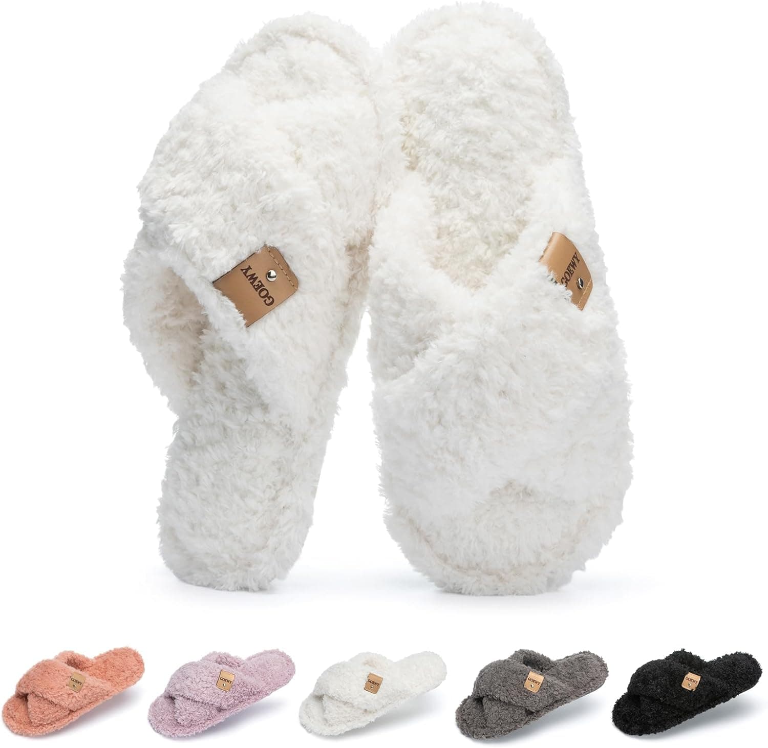 Fuzzy Open Toe Slippers for Women Indoor and Outdoor with Memory Foam Cozy Cross Band Women's Slipper Cute Soft House Shoes Slip On Gifts for Womens Mom Her Ladies Bridesmaid White 7-8 - Image 2