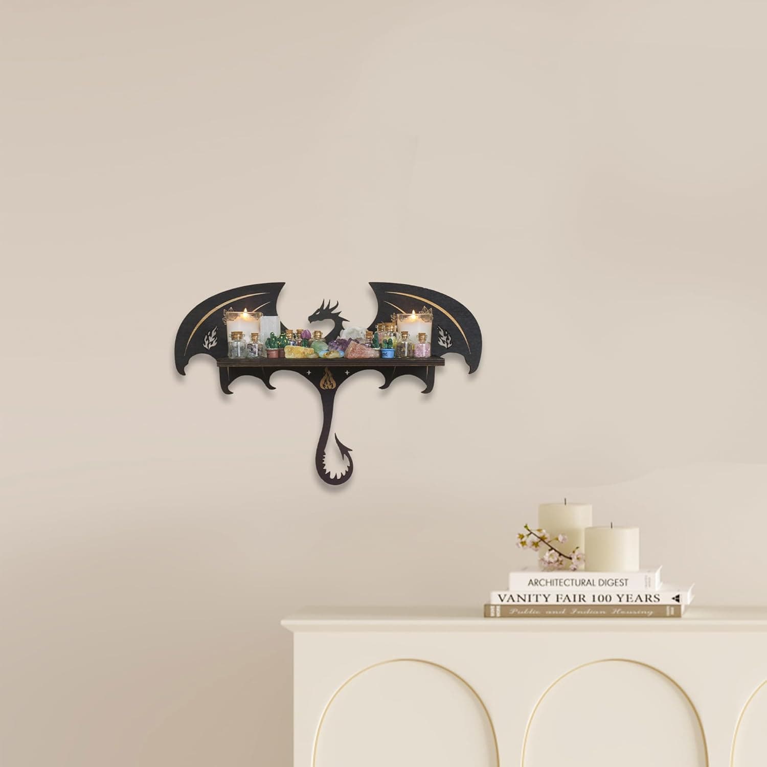 Gothic Evil Dragon Decor Crystal Display Shelf for Wall, Wooden Witchy Shelf Rock Display Case Knick Knack Organizer Trinket Holder, Wall Hanging Shelves for Essential Oil & Nail Polish - Image 9