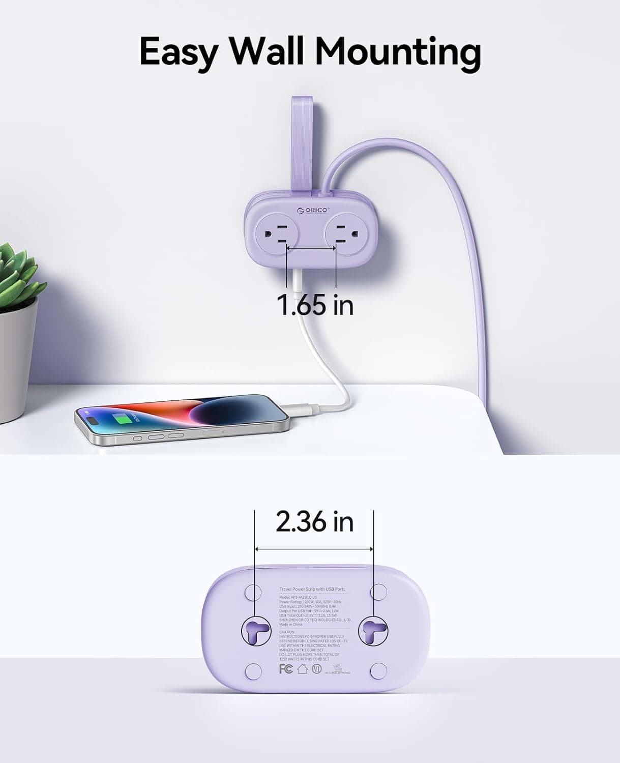 ORICO 4FT Purple Travel Power Strip with 4 AC Outlets, 2 USB-A Ports, and 1 USB-C Port, 45° Flat Plug Extension Cord with Non Surge Protector for Travel/Home/Dorm/Office-AP3 Purple 1 USB-C 2 USB-A | 4 Outlets - Image 7