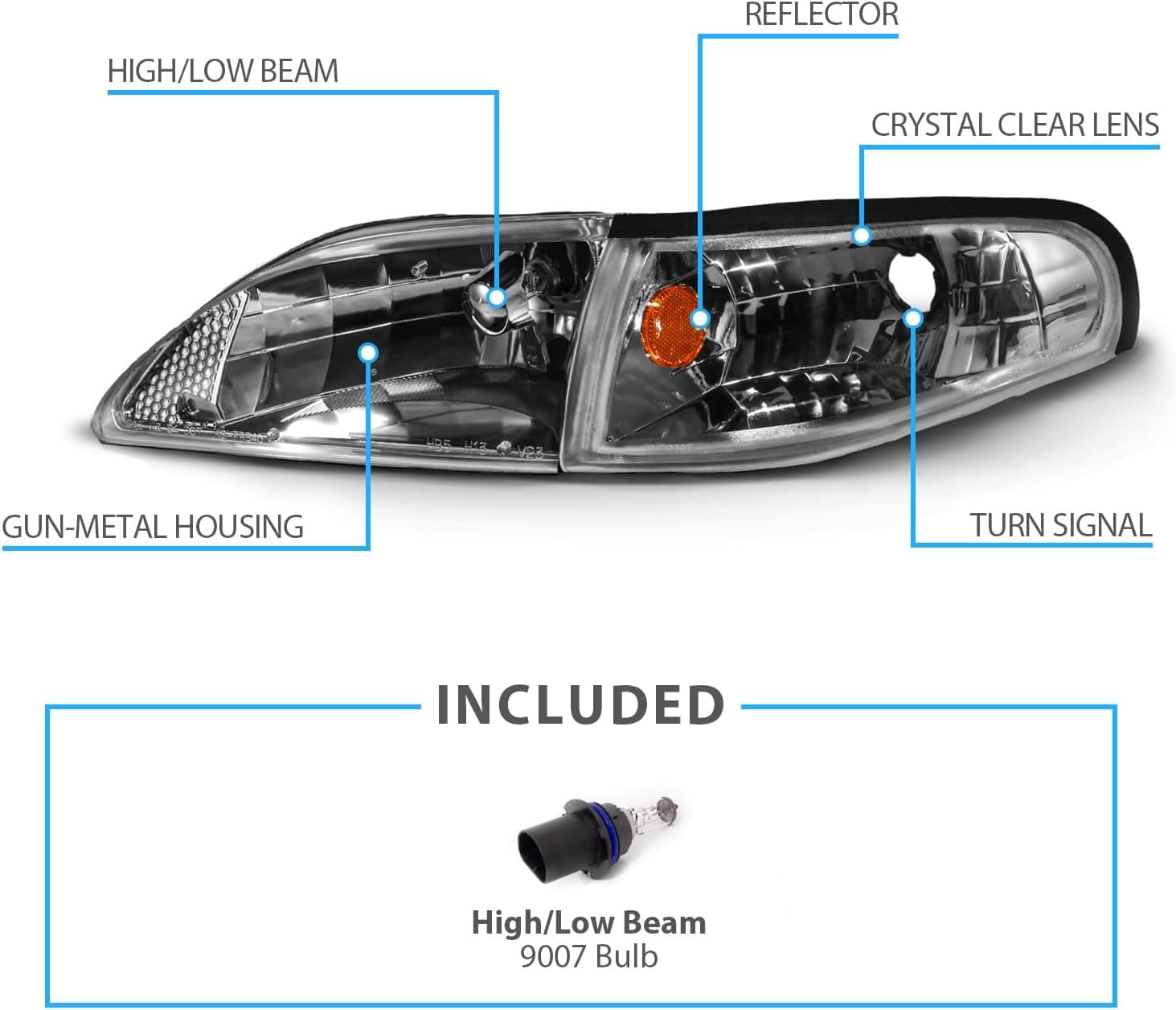 AmeriLite for 1994-1998 Ford Mustang Gun-Metal Replacement Headlights Corner Turn Signal Set - Passenger and Driver Side Gun Metal - Image 5