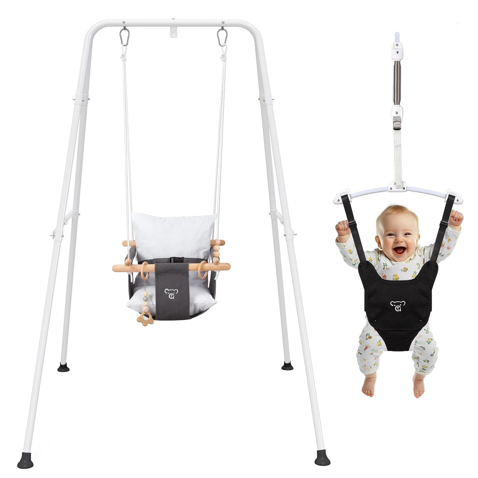 2-in-1 Baby Jumper & Swing - Foldable Stand, Stable Toddler Swing Set for Indoor & Outdoor Use Black
