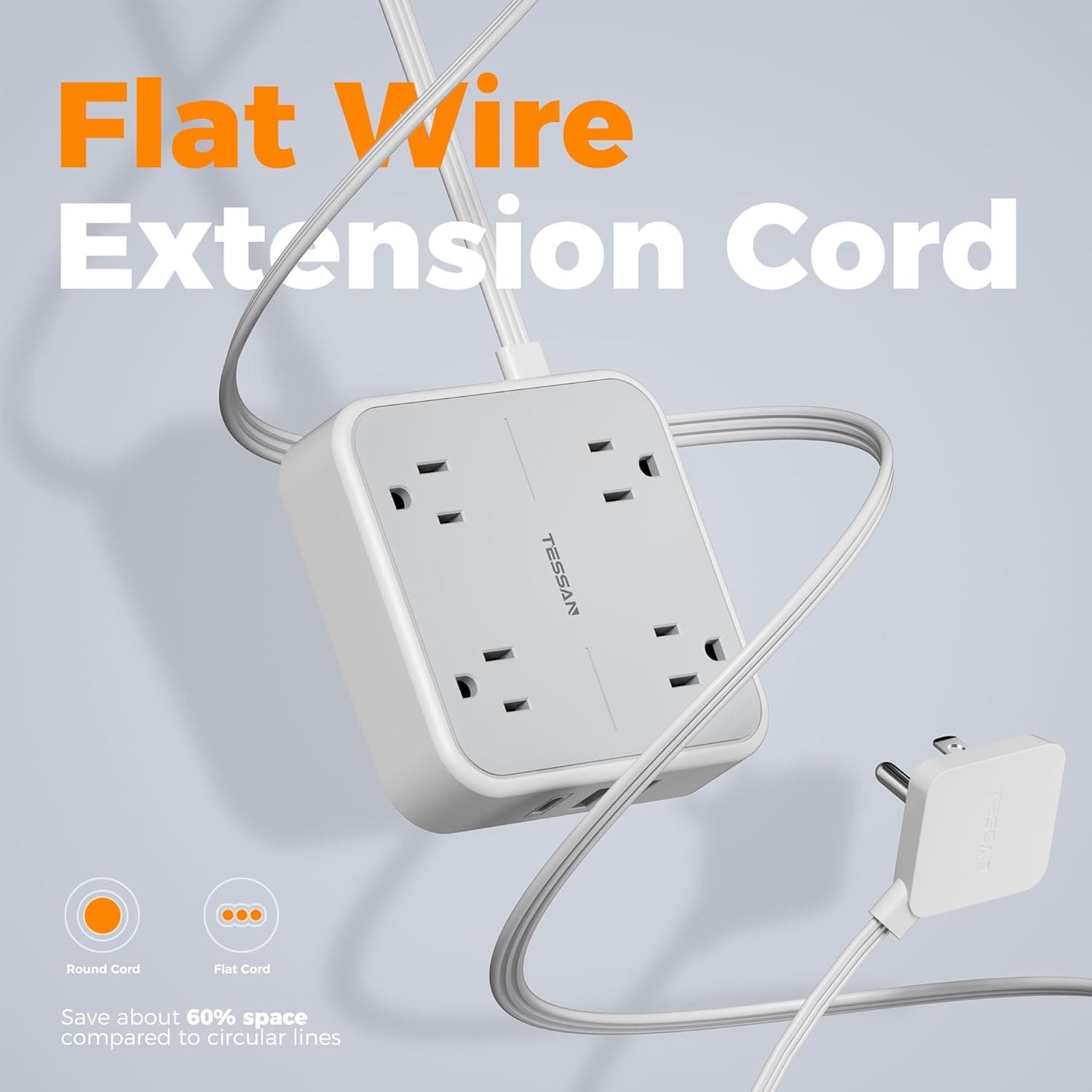 TESSAN Surge Protector Flat Extension Cord 5Ft, Flat Plug Power Strip with 4 Outlets 3 USB Ports (1 USB C), 900 Joules Protection, Multiple Wall Outlet Extender Suitable for Home Office Dorm, Grey Grey & Surge Protector 5 FT - Image 8