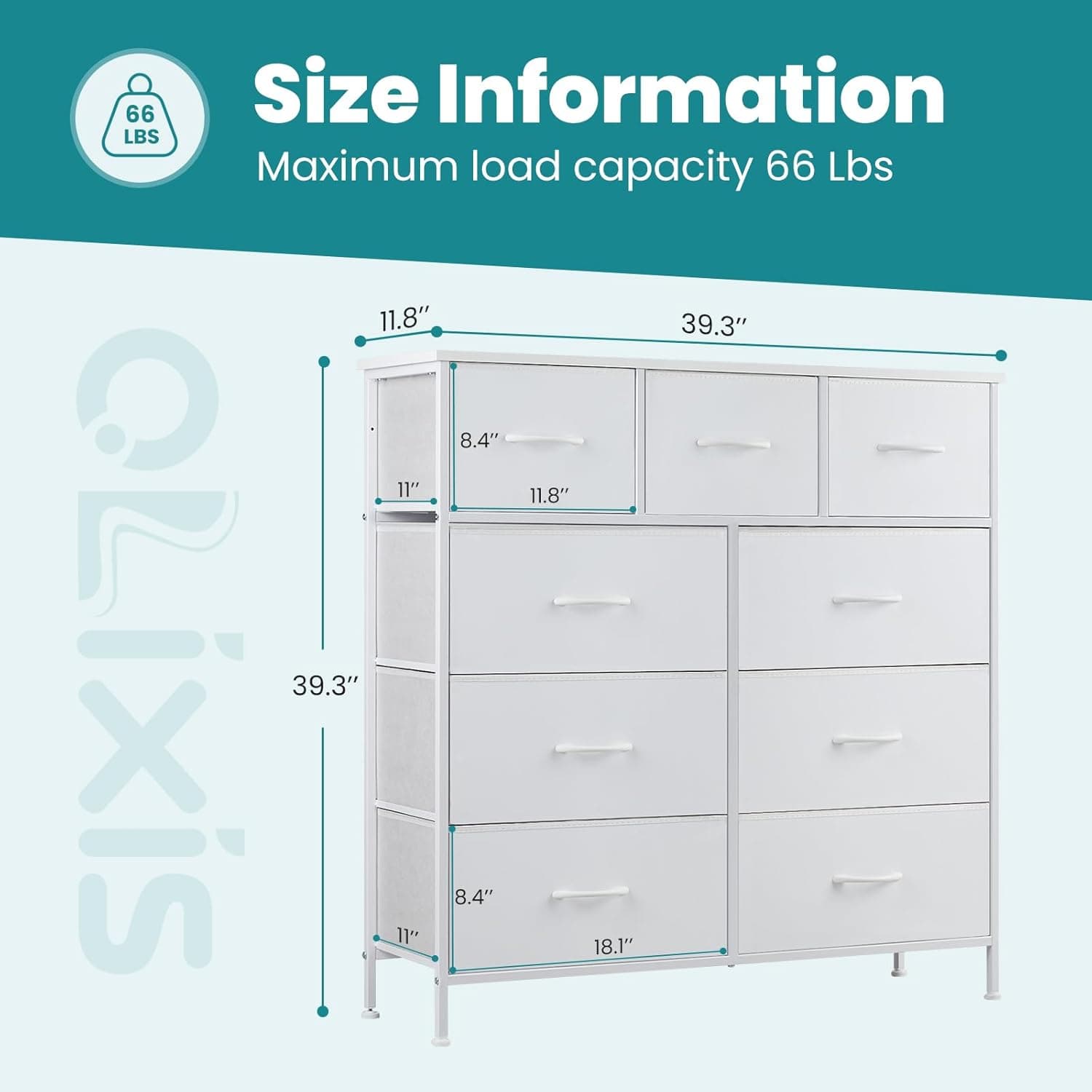 OLIXIS Dresser for Bedroom, 9 Storage Drawers, Wide Fabric Closet Chests Organizer Tower Furniture, TV Stand with Wooden Top Metal Frame for Clothes, Living Room, Hallway, Entryway, Classic White White 11.8"D x 39.4"W x 40"H (9 Drawers) - Image 5