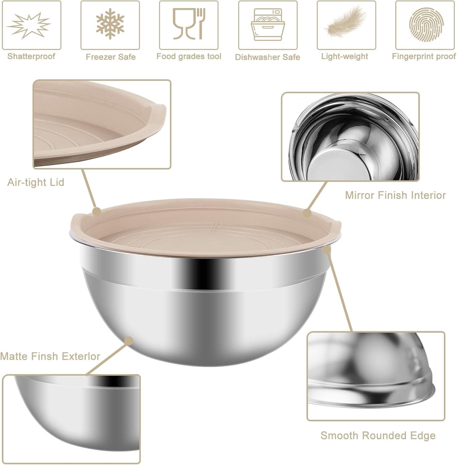 Mixing Bowls Set, 25PCS Khaki Mixing Bowls With Lids Set Stainless Steel Kitchen Large Nesting Metal Bowl 7QT to 1.5QT, Measuring Cups and Spoons for Prepping Cooking Serving Khaki Bowls Set - Image 5