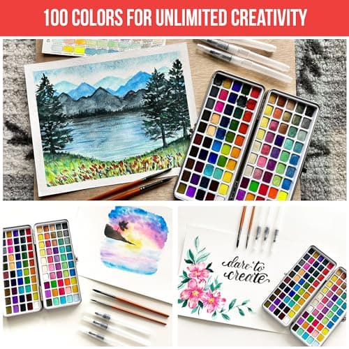 Watercolor Paint Set with 100 Bright Colors: for Adult Beginners & Professional with Metallic - Travel Sized Water Color Art Kit Palette - Image 2
