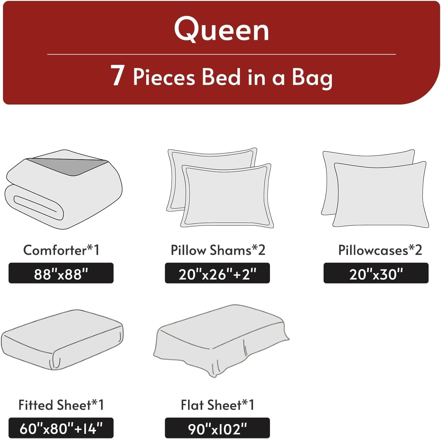 MUXHOMO 7 Pieces Queen Comforter Set, Reversible Bed in a Bag Queen Size, All Season Bedding Set with Comforter, Flat Sheet, Fitted Sheet, Pillowcases & Shams, Red & Black Queen (88"x88") 01 - Red/Black - Image 5